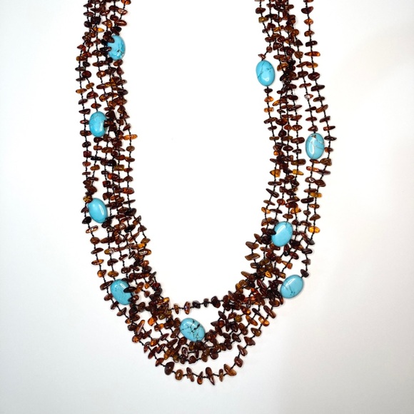 Six Strand Knotted Amber & Turquoise Necklace - Picture 2 of 8